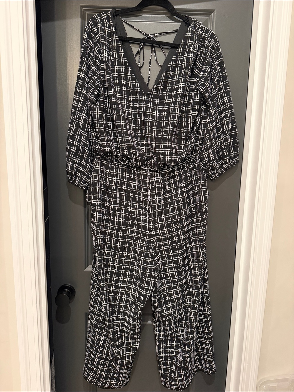 London Times Black & White Plaid V-Neck Jumpsuit